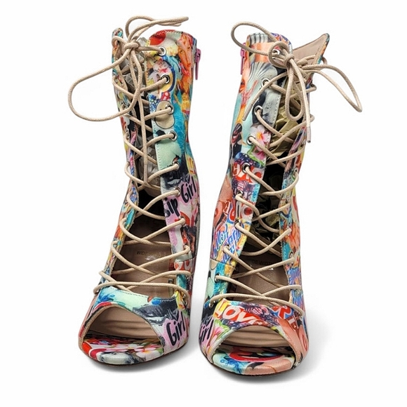 Chase + Chloe Emelia Graffiti Open Toe Lace Up Ankle Boot Heels - Picture 3 of 12